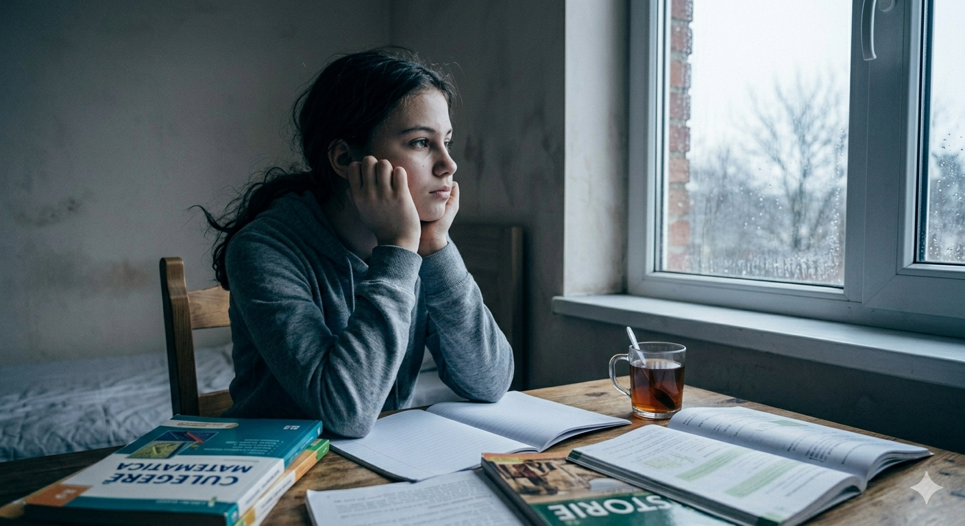 Adolescentă privind pe fereastră cu ochii goi