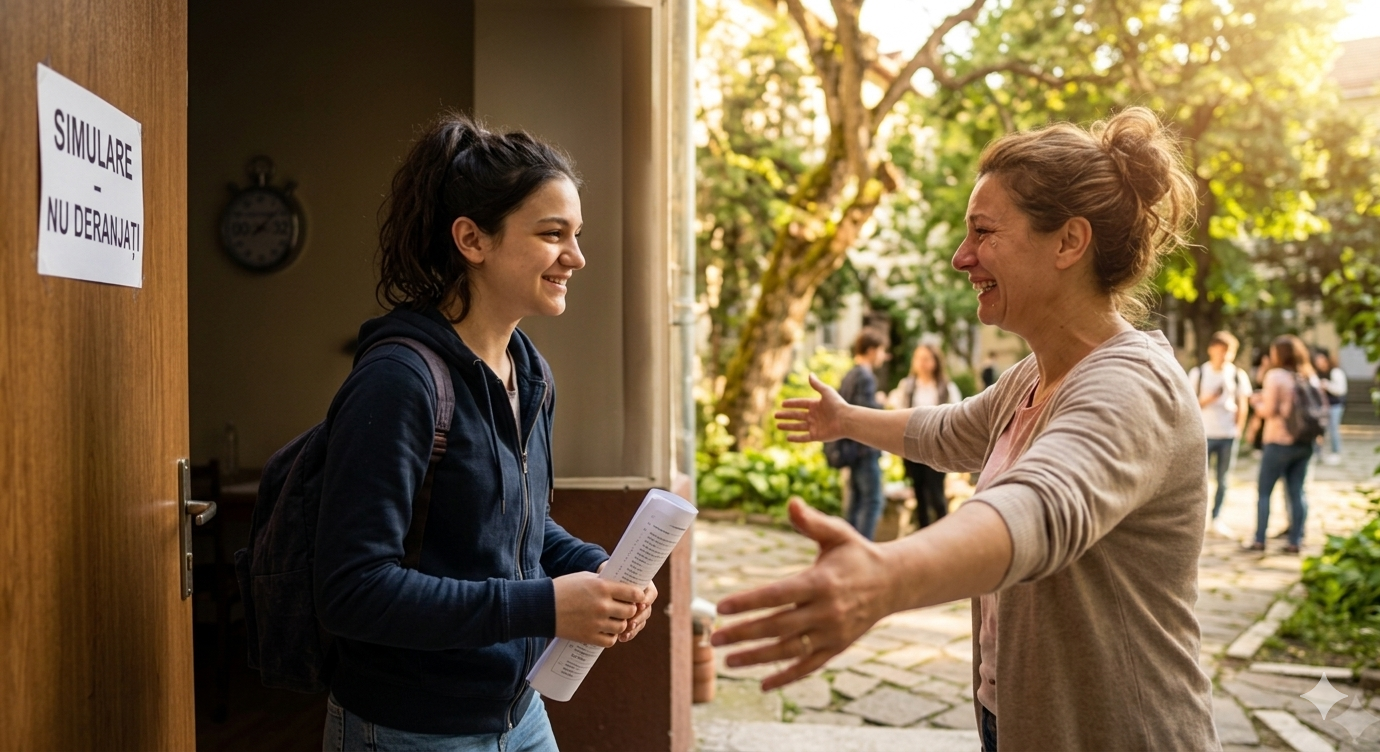 Adolescentă ieșind zâmbind din sala de examen