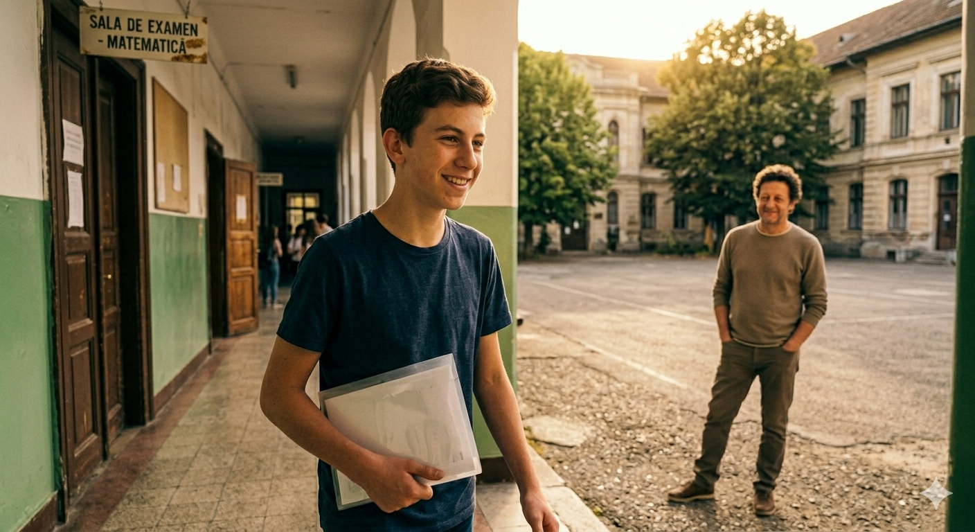 Băiat ieșind zâmbind din sala de examen
